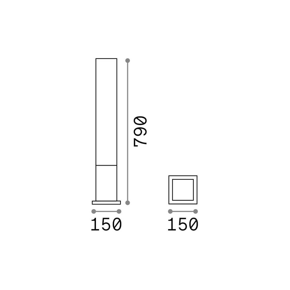 Schéma coté du lampadaire indiquant une hauteur de 790 mm et une largeur de 150 mm
