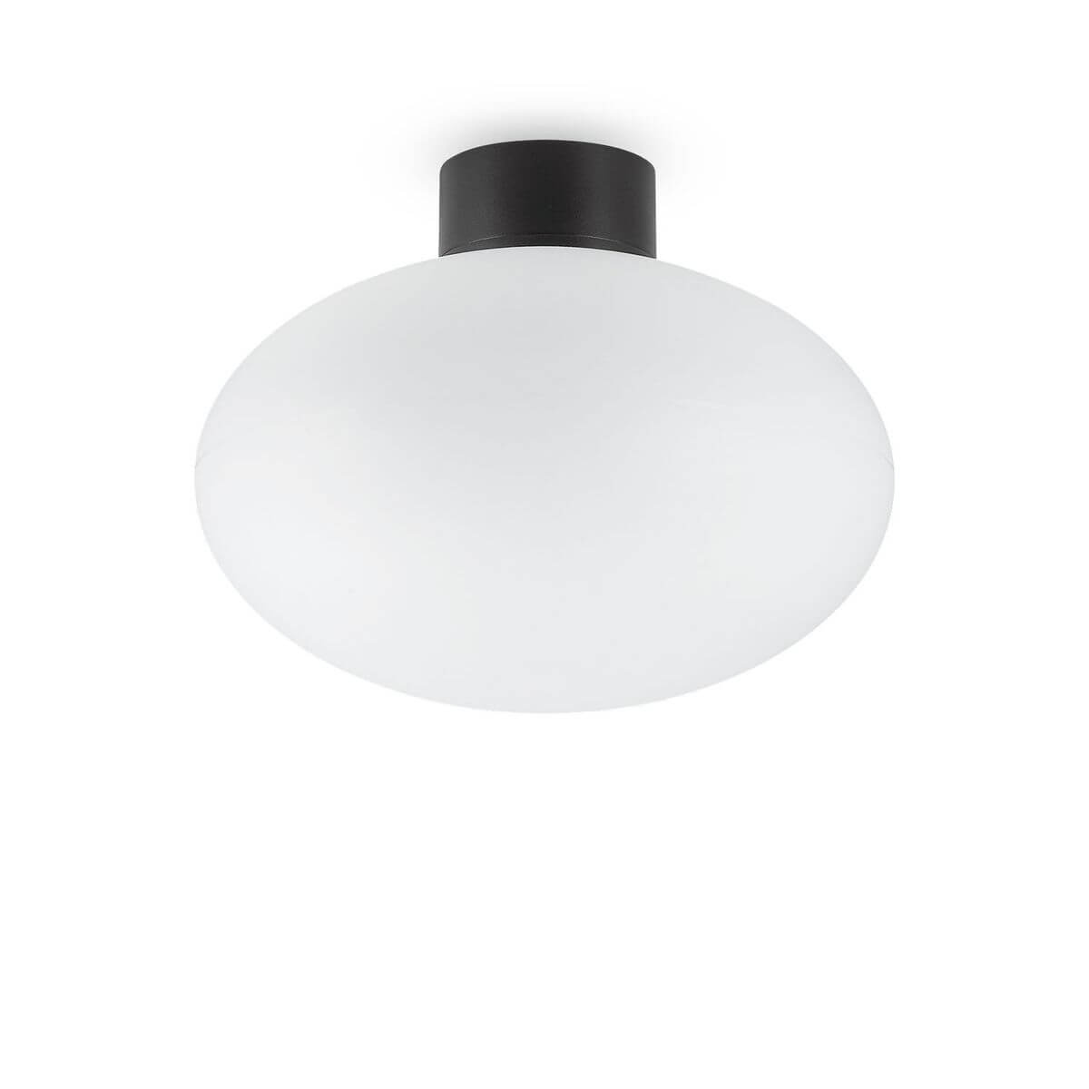 Plafonnier rond vu de face, diffuseur blanc opalin et embase noire cylindrique