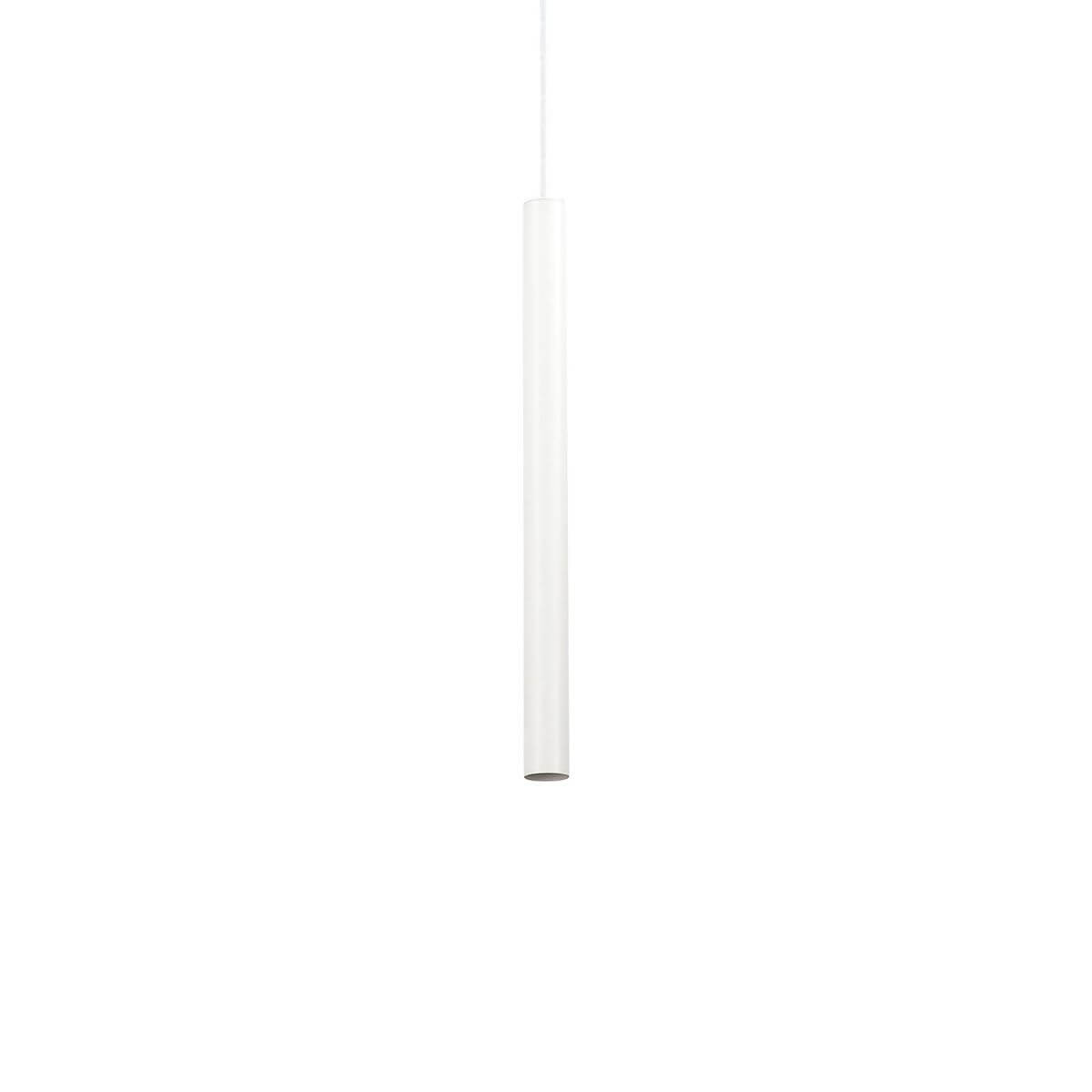 Suspension cylindrique blanche très fine vue de face sur fond blanc uni