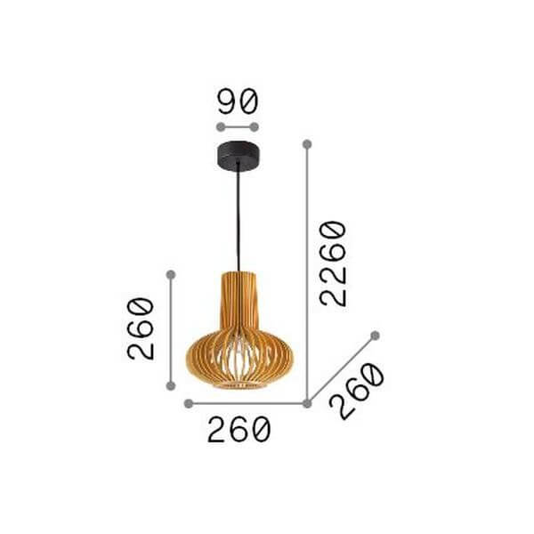 Schéma de dimensions de la suspension avec hauteur et diamètre indiqués.