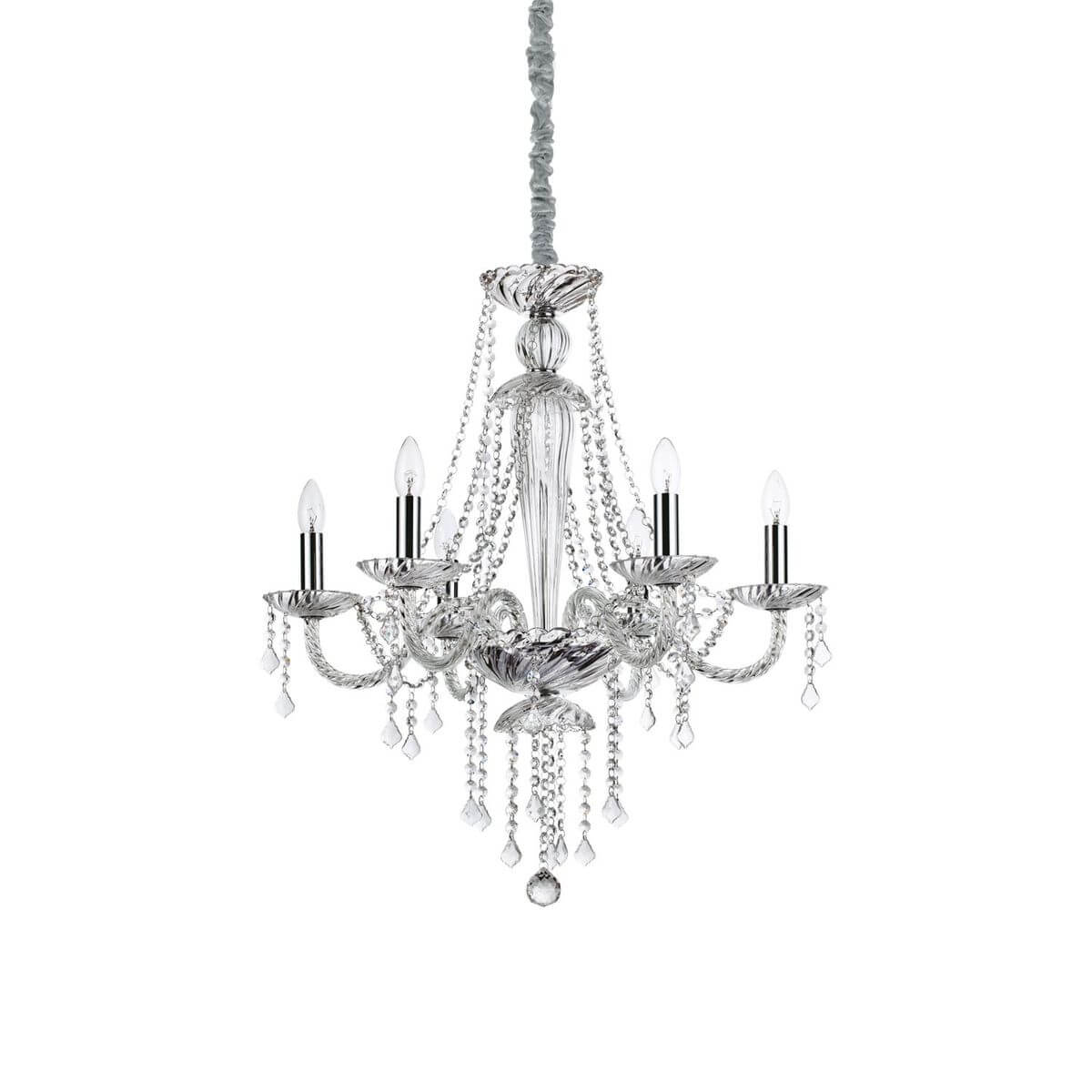 Suspension cristal à six bras, vue de face sur fond blanc