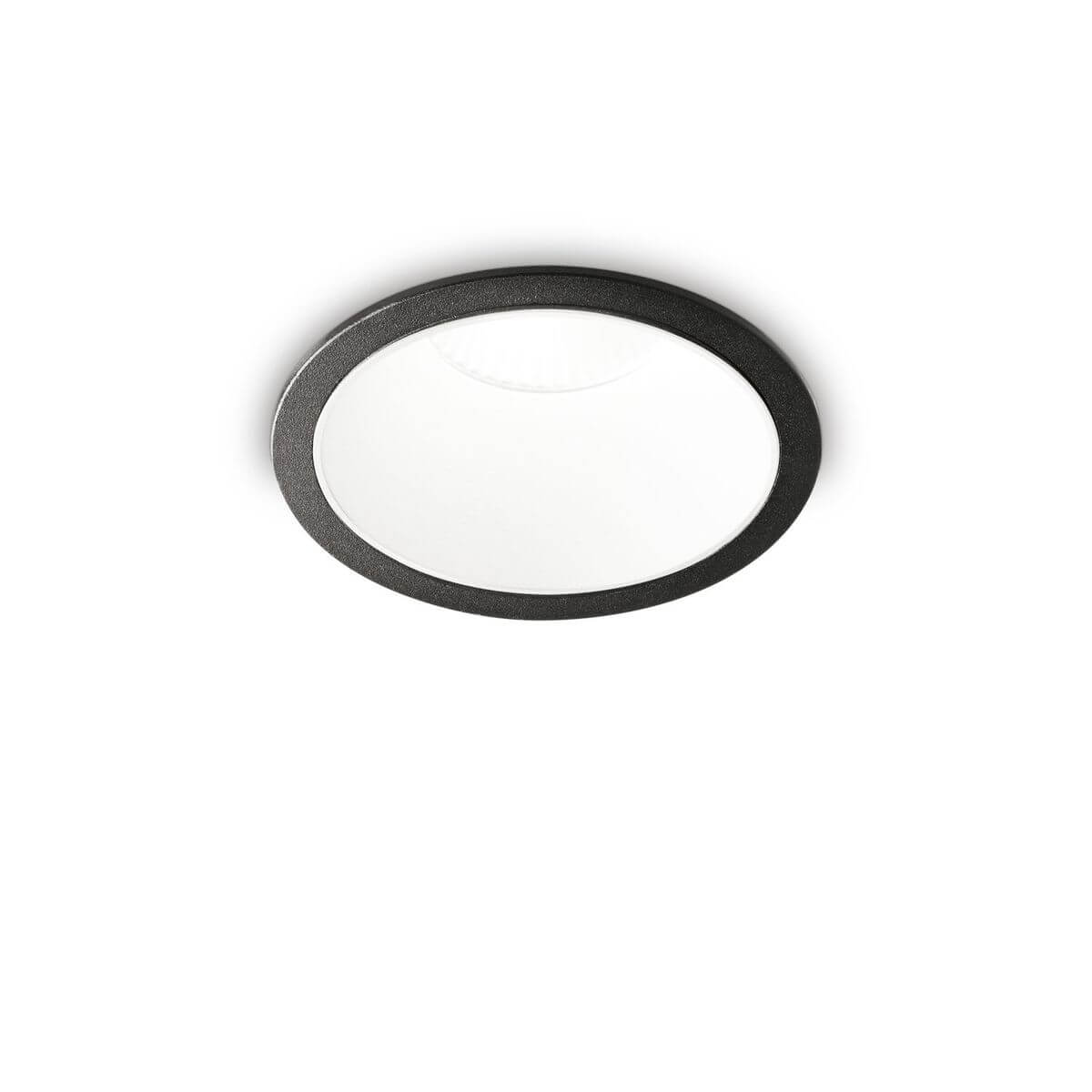 Vue de face du spot encastrable rond, collerette noire et diffuseur blanc opale