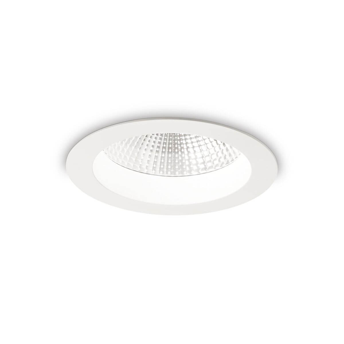 Vue de face d'un spot encastrable blanc rond avec diffuseur texturé.