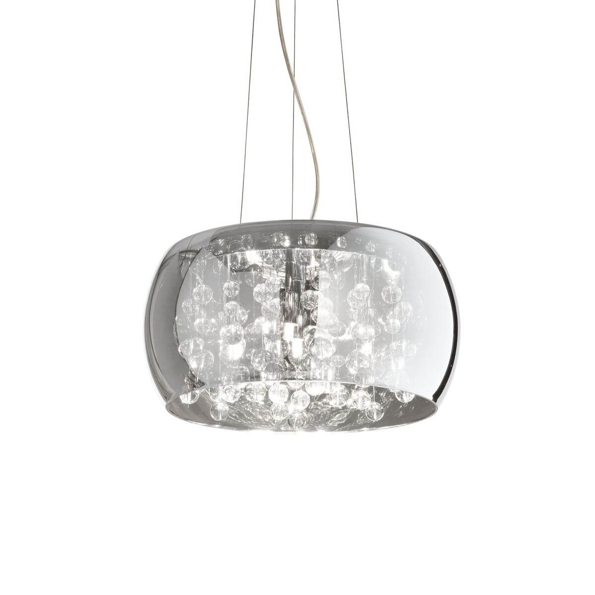 Suspension en verre fumé à cinq lumières, vue de face avec billes décoratives