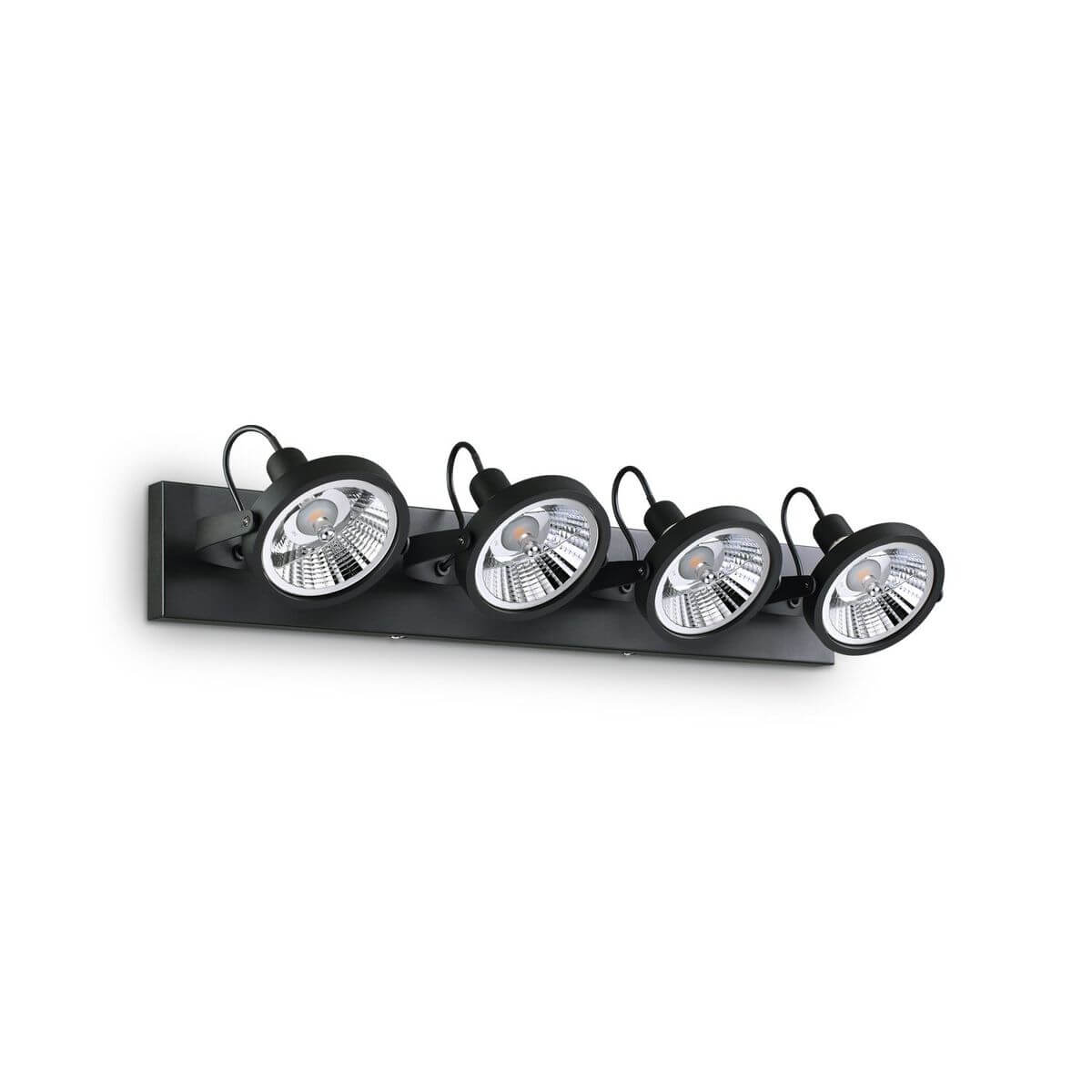 Vue de face du plafonnier noir à quatre spots orientables sur base rectangulaire