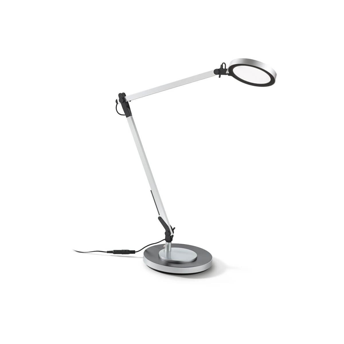 Lampe à poser articulée en aluminium avec bras pliants et tête ronde orientable.