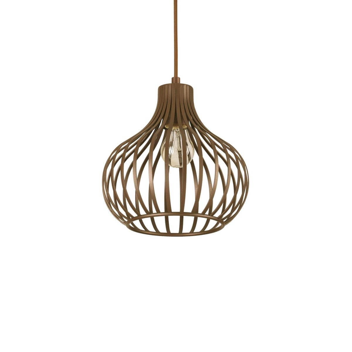 Suspension seule de face, cage métallique brune et ampoule apparente sur fond blanc