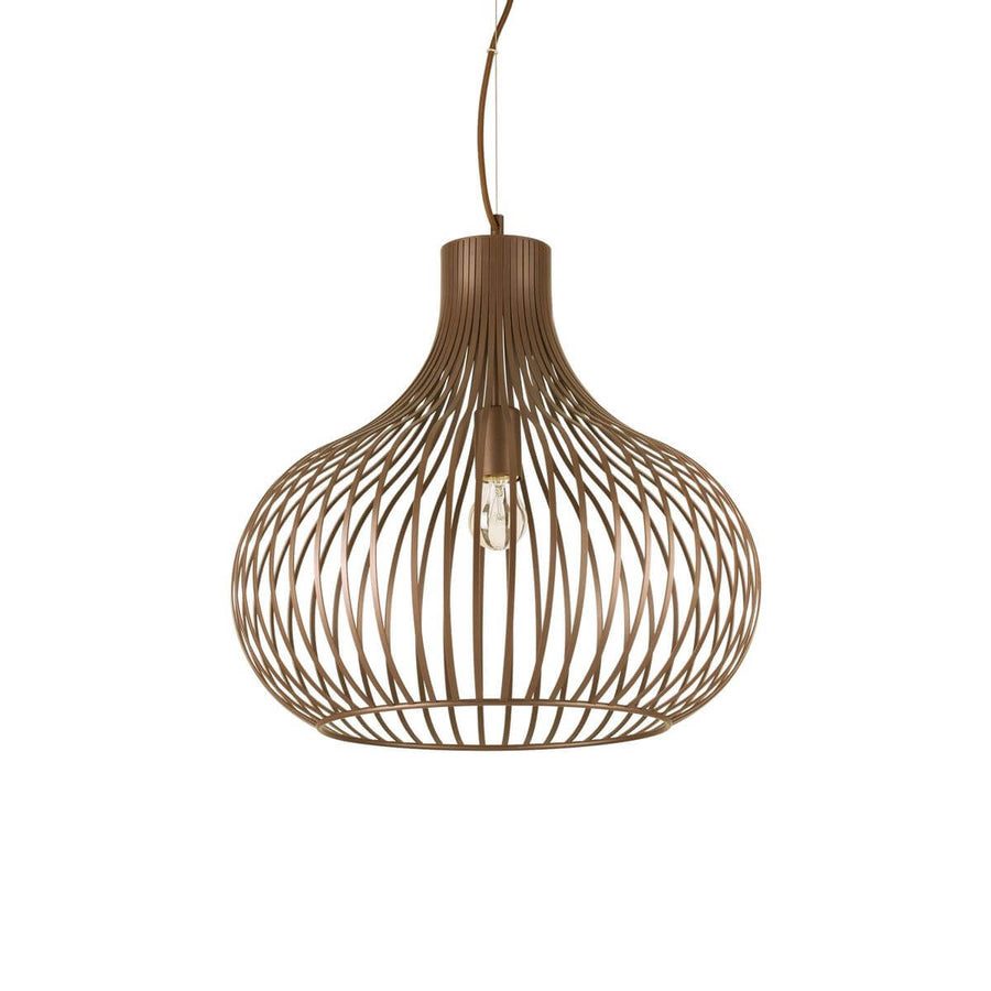 Suspension marron en fil métallique, forme oignon, vue de face sur fond blanc