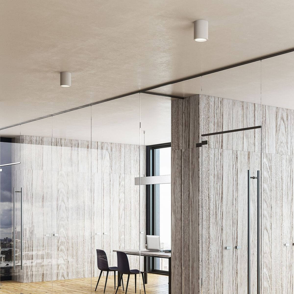 Mise en ambiance : deux spots blancs fixés au plafond dans un bureau contemporain