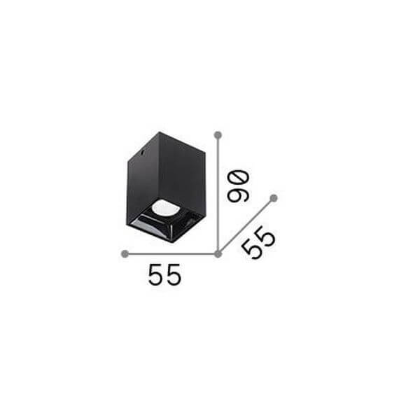 Schéma de dimensions du plafonnier noir : base carrée 55 et hauteur 90 millimètres.