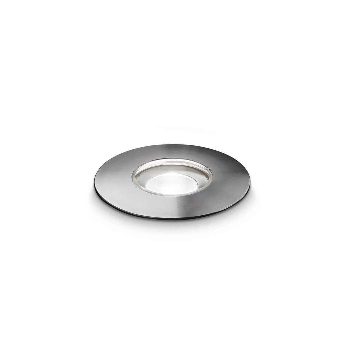 Luminaire extérieur rond en acier inoxydable brossé, vue de face sur fond blanc.