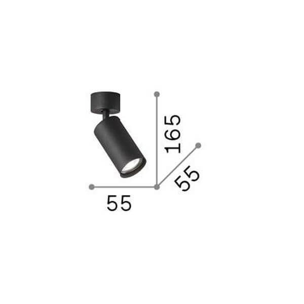 Schéma de dimensions du spot indiquant 55 mm de large et 165 mm de haut