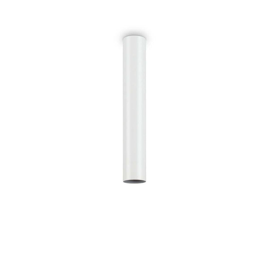 Plafonnier cylindrique blanc tubulaire présenté de face sur fond neutre
