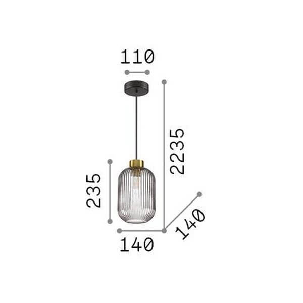 Schéma technique coté d'une suspension avec dimensions en millimètres et hauteur du verre.