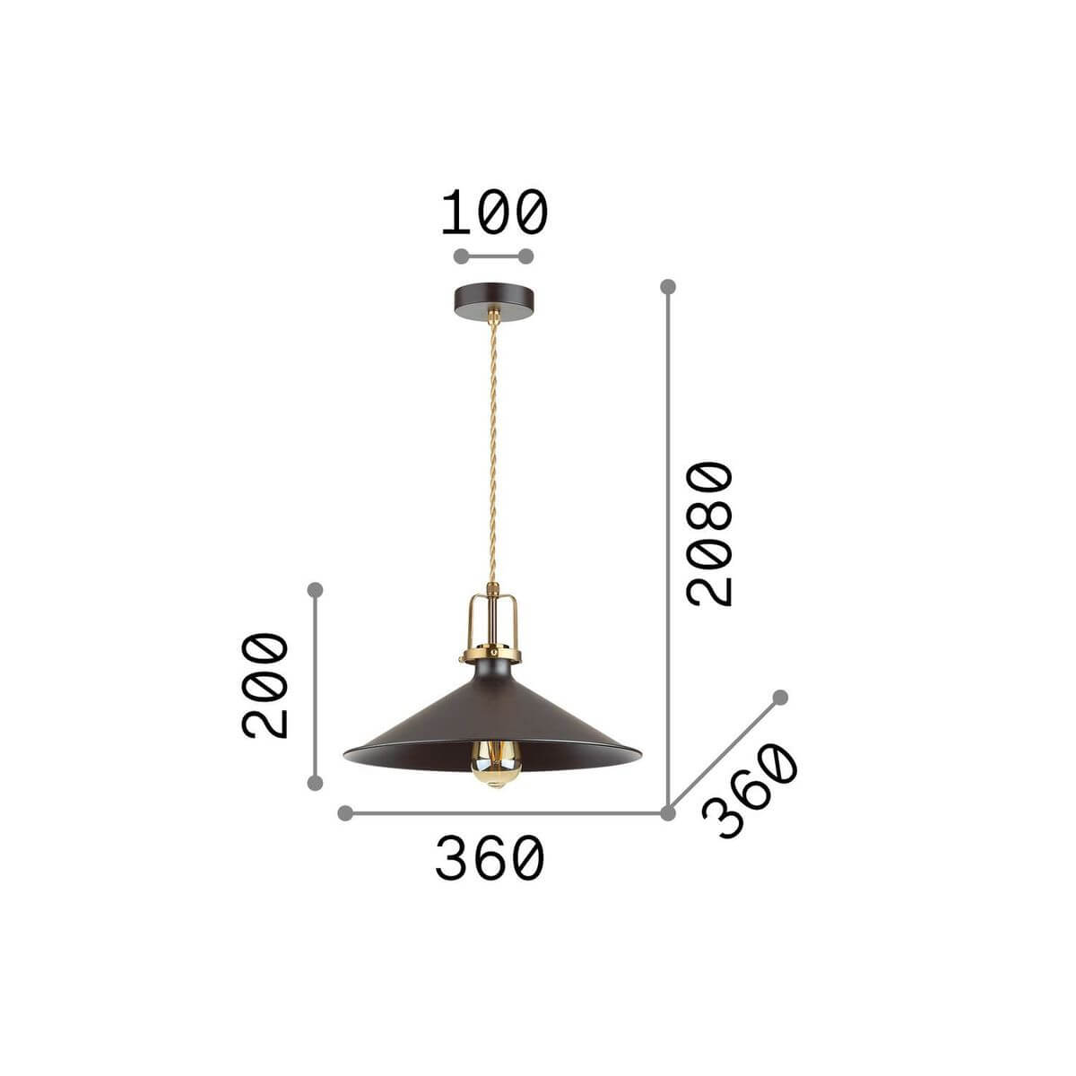 Schéma de dimensions du luminaire avec hauteur totale, diamètre et hauteur de l'abat-jour