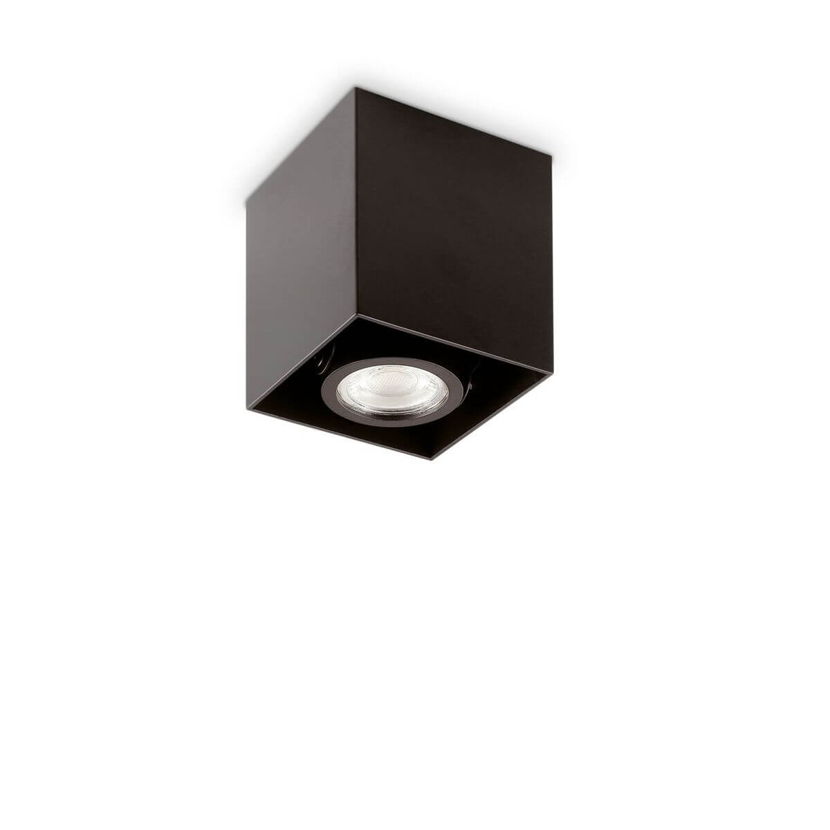 Vue de face du plafonnier cubique noir avec spot encastré orientable.