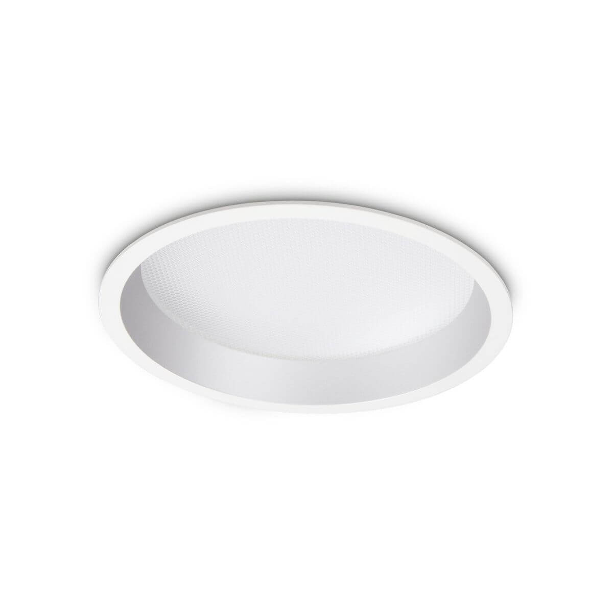 Vue de face du spot rond blanc à collerette fine, verre diffusant satiné vu de dessous