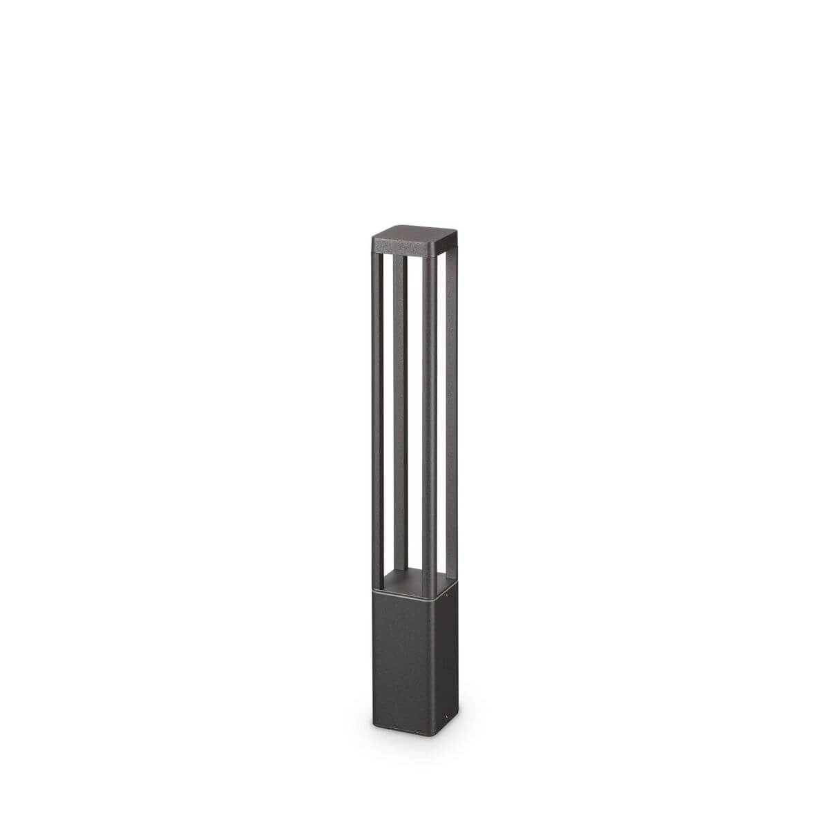 Lampadaire extérieur anthracite rectangulaire, structure ajourée, verre transparent, fond blanc.