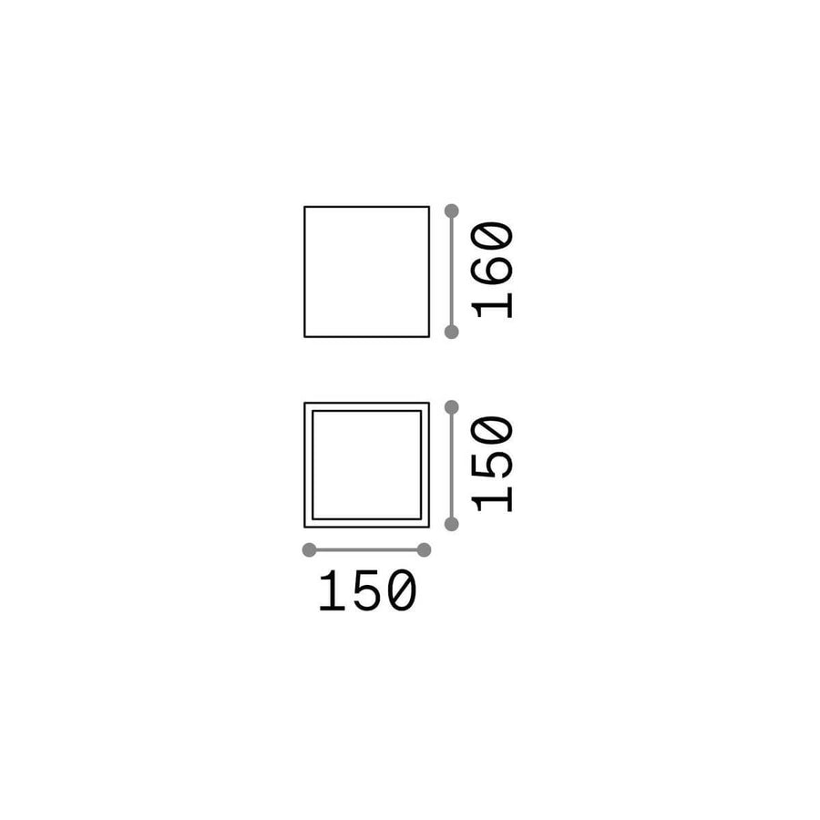 Schéma de dimensions : carré de 150 mm de côté et 160 mm de hauteur