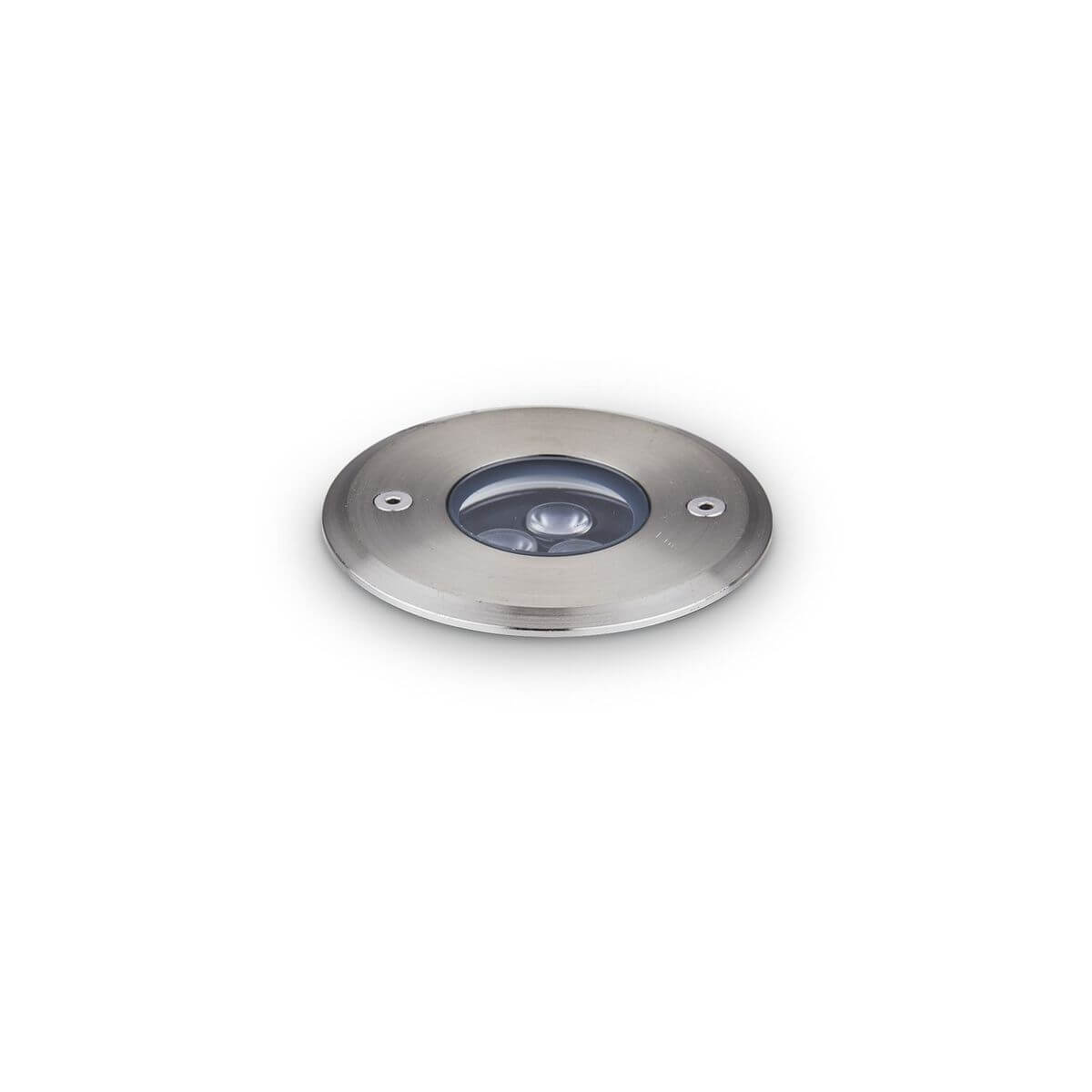 Luminaire encastré de sol rond en acier inoxydable, vu de trois quarts sur fond blanc