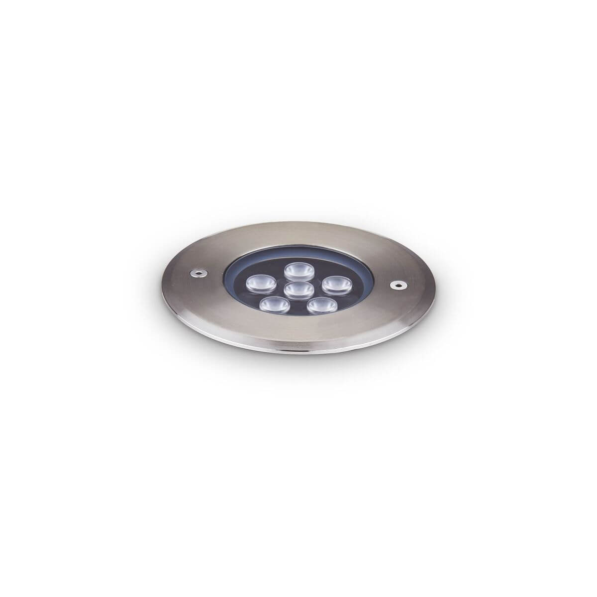 Vue de face d'un spot encastrable rond en inox avec six LED.