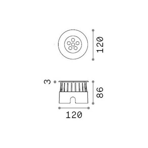 Schéma de dimensions du luminaire : diamètre 120 mm et hauteur 86 mm.