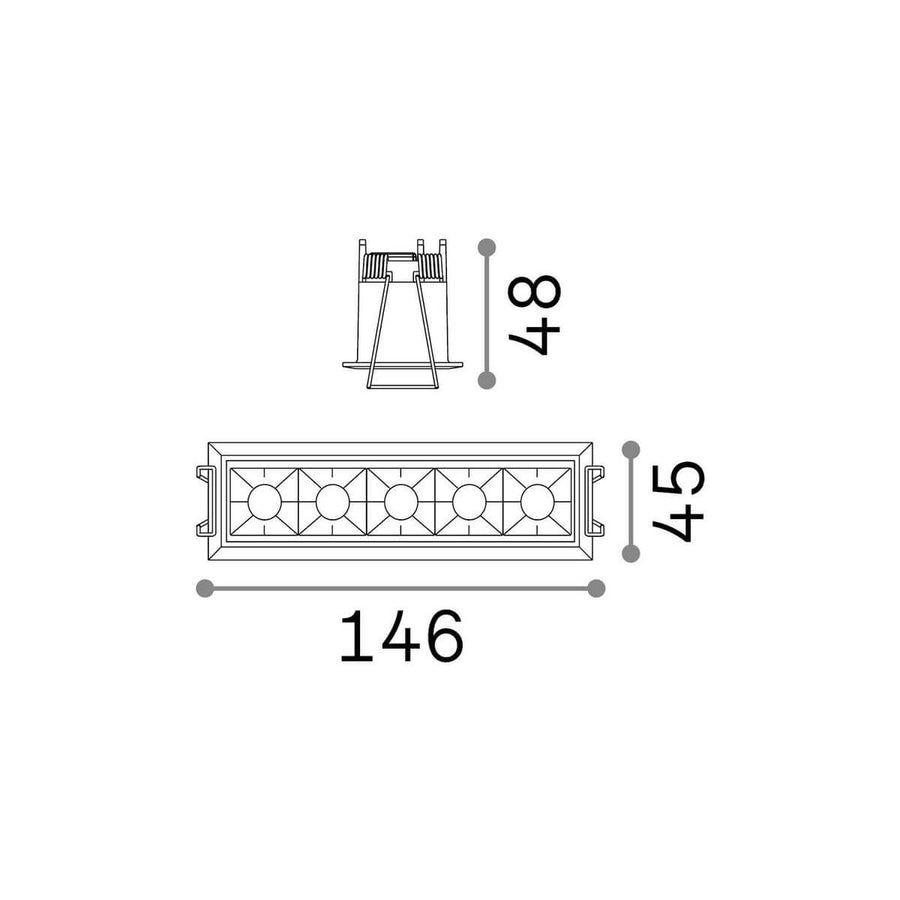 Schéma coté du spot : longueur 146 mm, largeur 45 mm, profondeur 48 mm