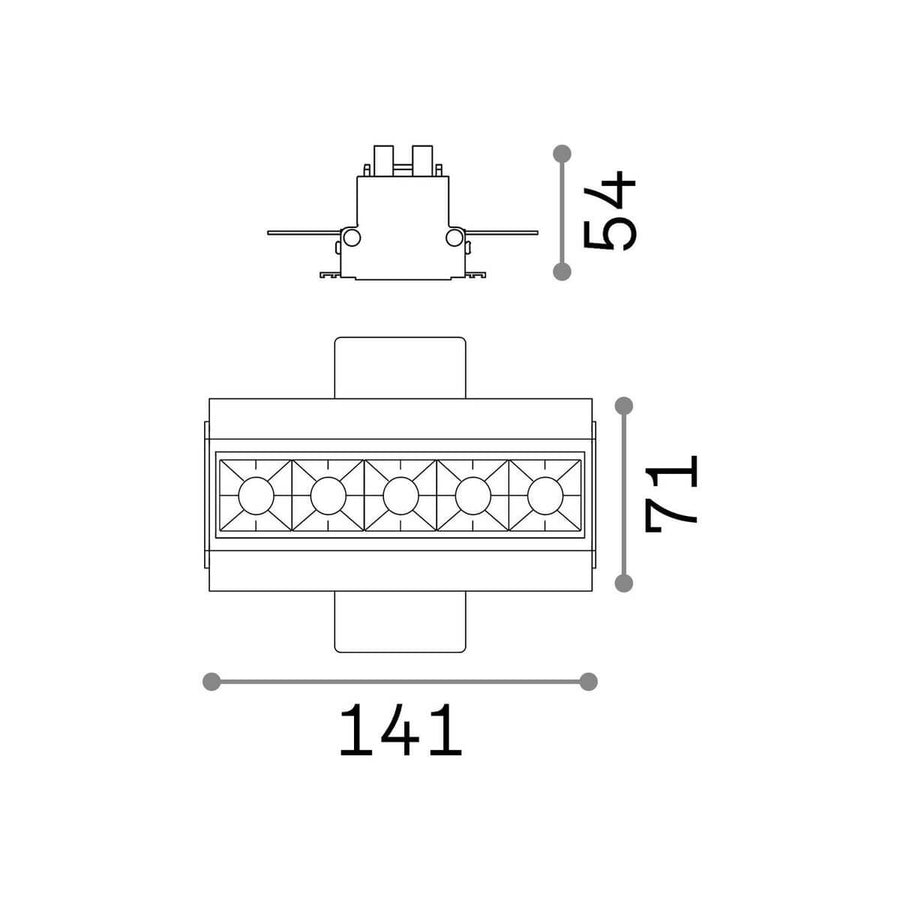 Schéma technique coté indiquant 141 mm de longueur et 71 mm de largeur