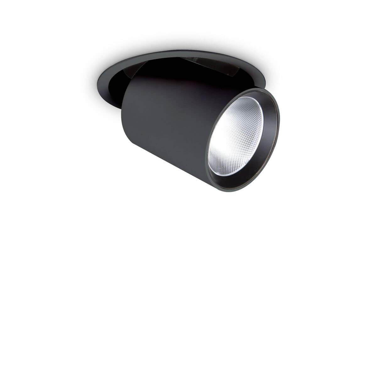 Spot encastrable noir orientable vu de face, réflecteur alvéolé allumé sur fond blanc