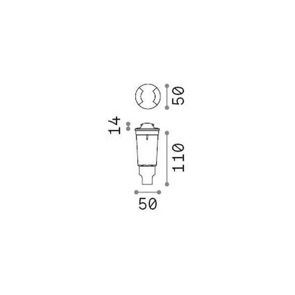 Schéma technique coté du luminaire avec dimensions 50, 110 et 14 millimètres