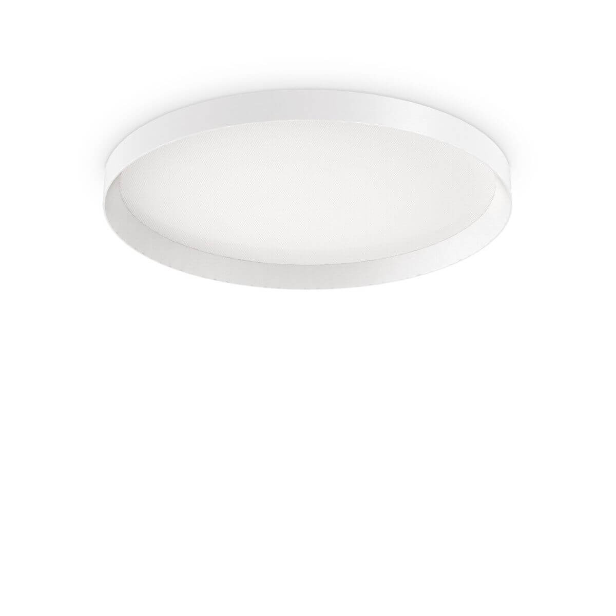 Plafonnier rond blanc vu de face, diffuseur opalin et fin cerclage métallique apparent