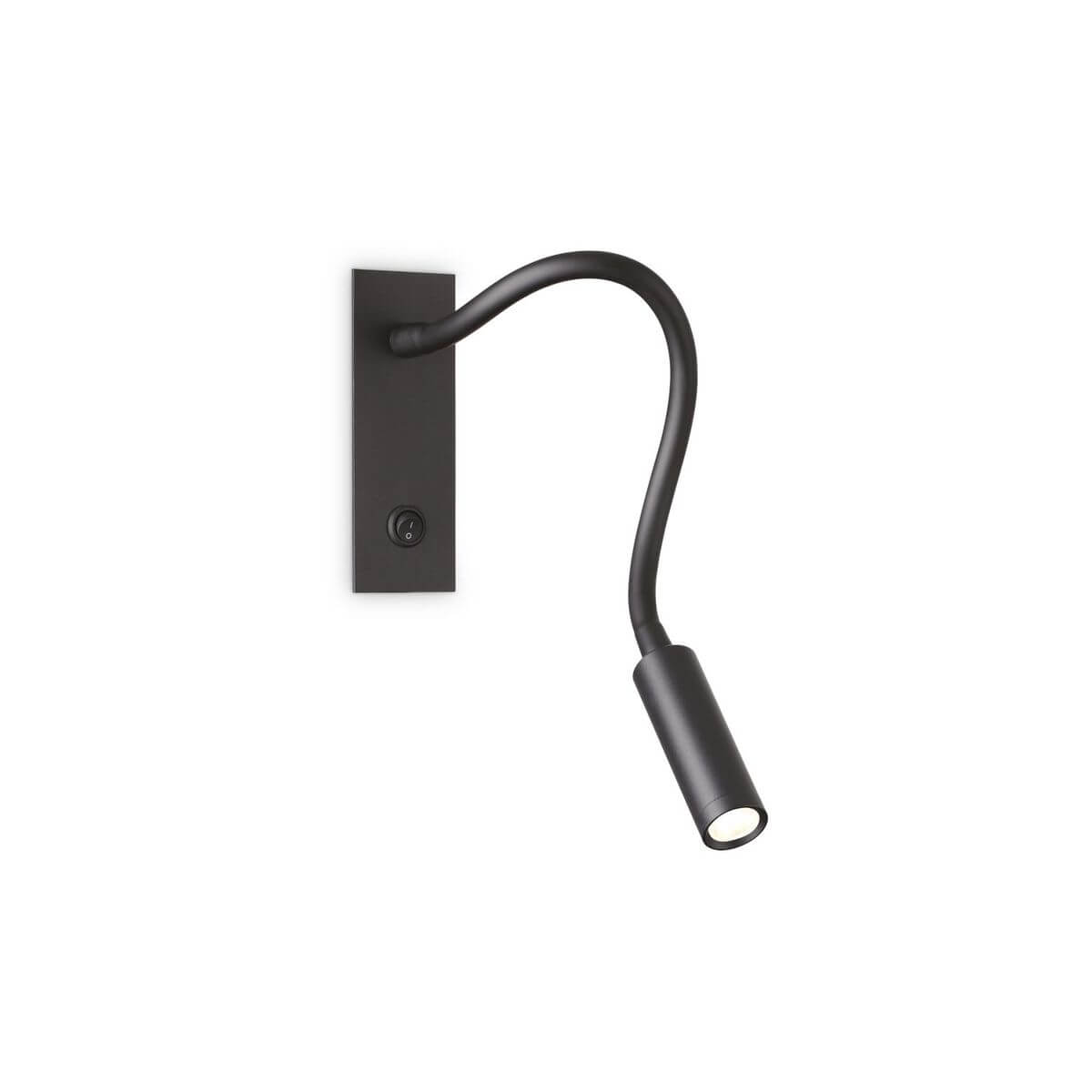 Applique murale noire à bras flexible et tête cylindrique orientable, vue de face