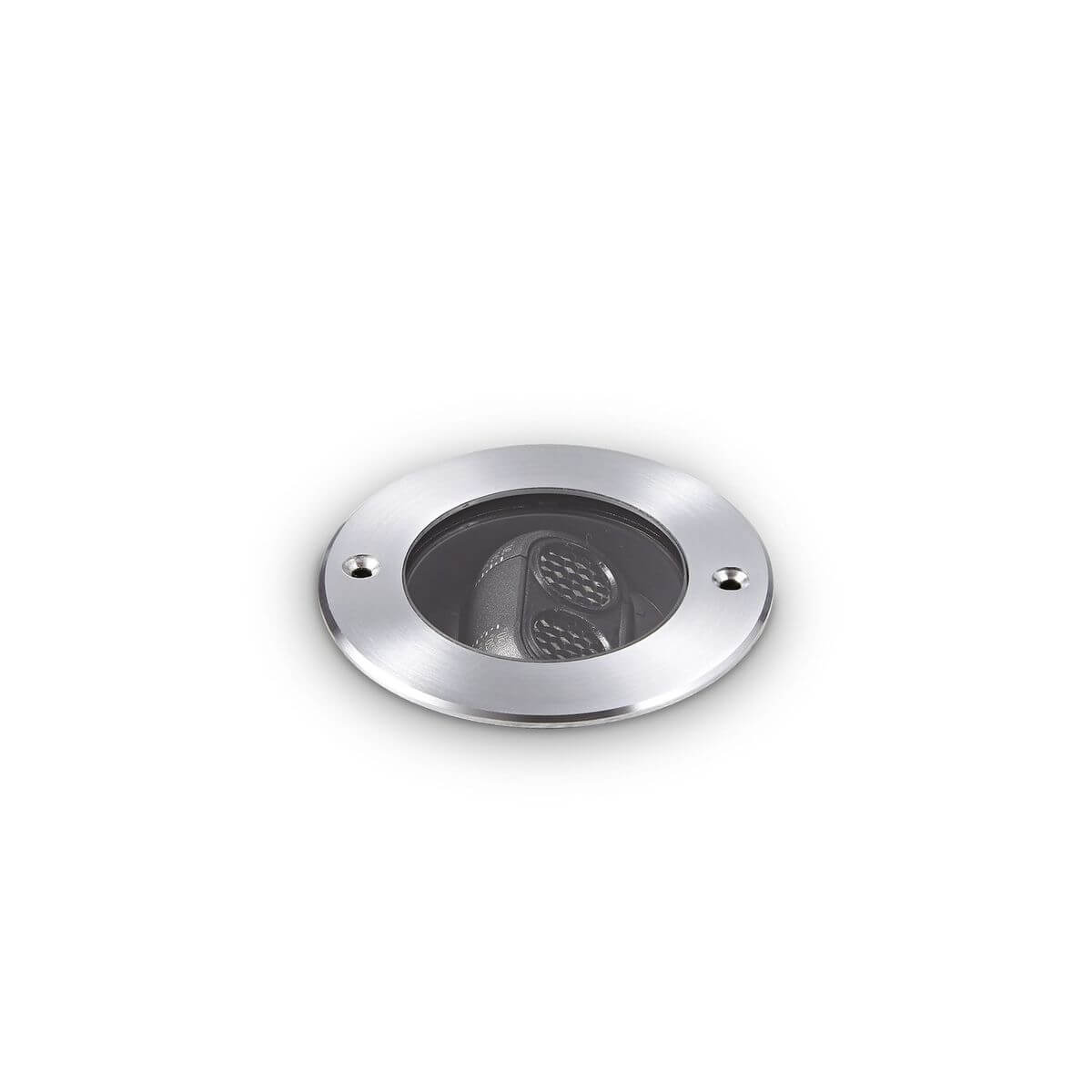 Vue de face d'un spot rond en métal argenté avec deux vis et deux LED.