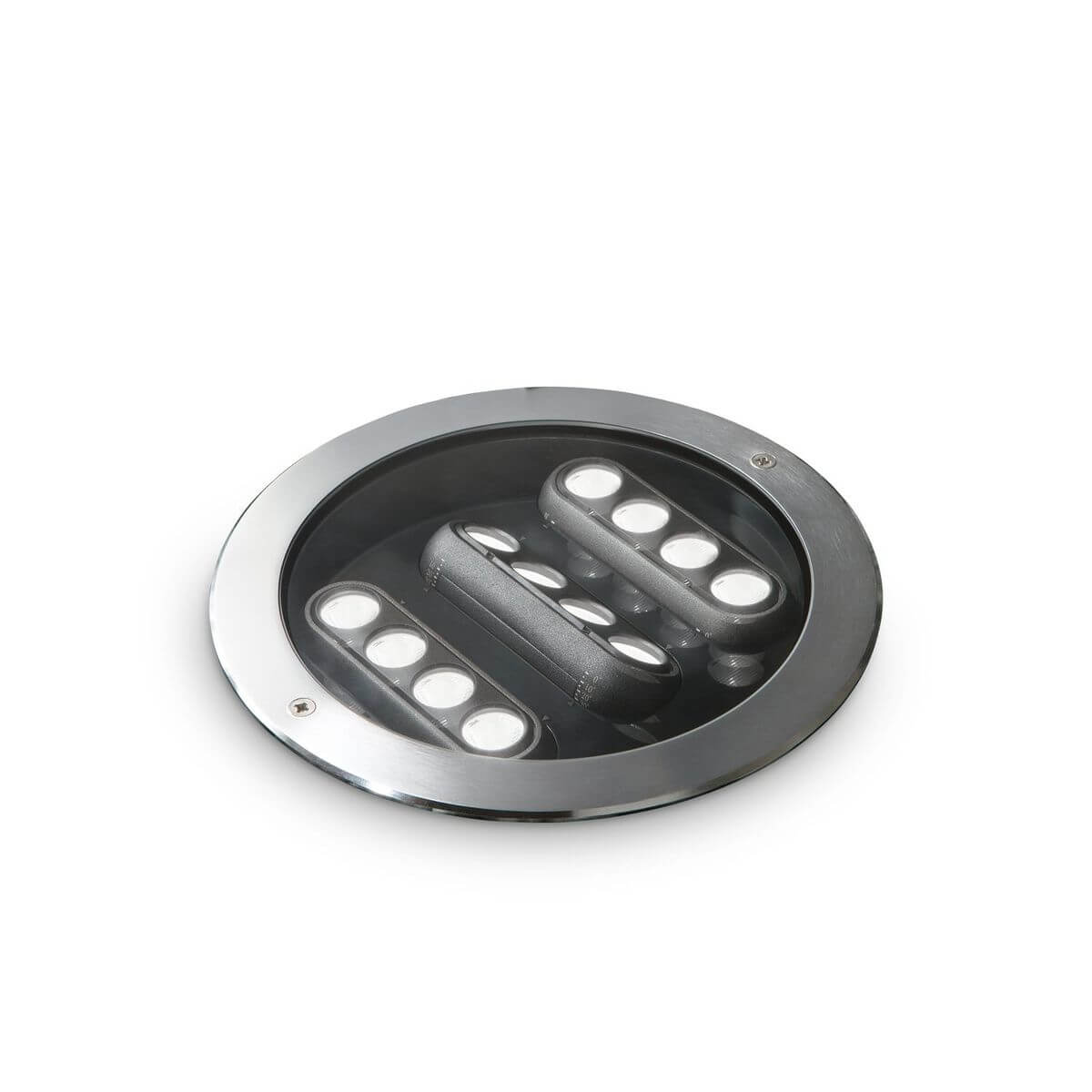 Vue de dessus d'un luminaire rond encastrable avec trois modules LED alignés