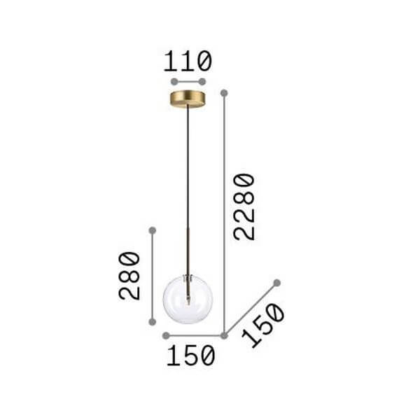Schéma coté de la suspension : hauteur 280 mm, diamètre 150 mm, câble 2280 mm