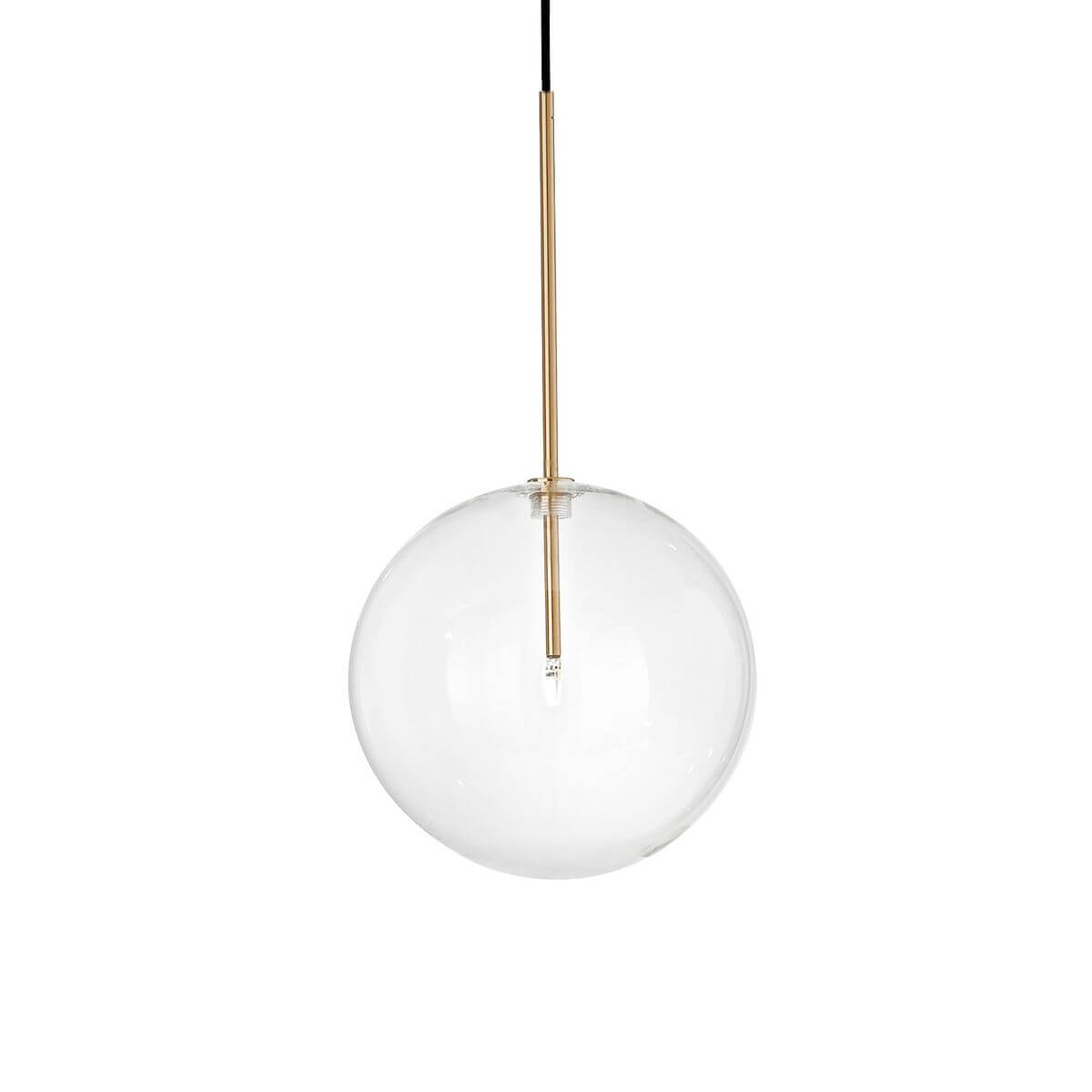 Suspension à boule en verre transparent, tige en laiton et câble noir.