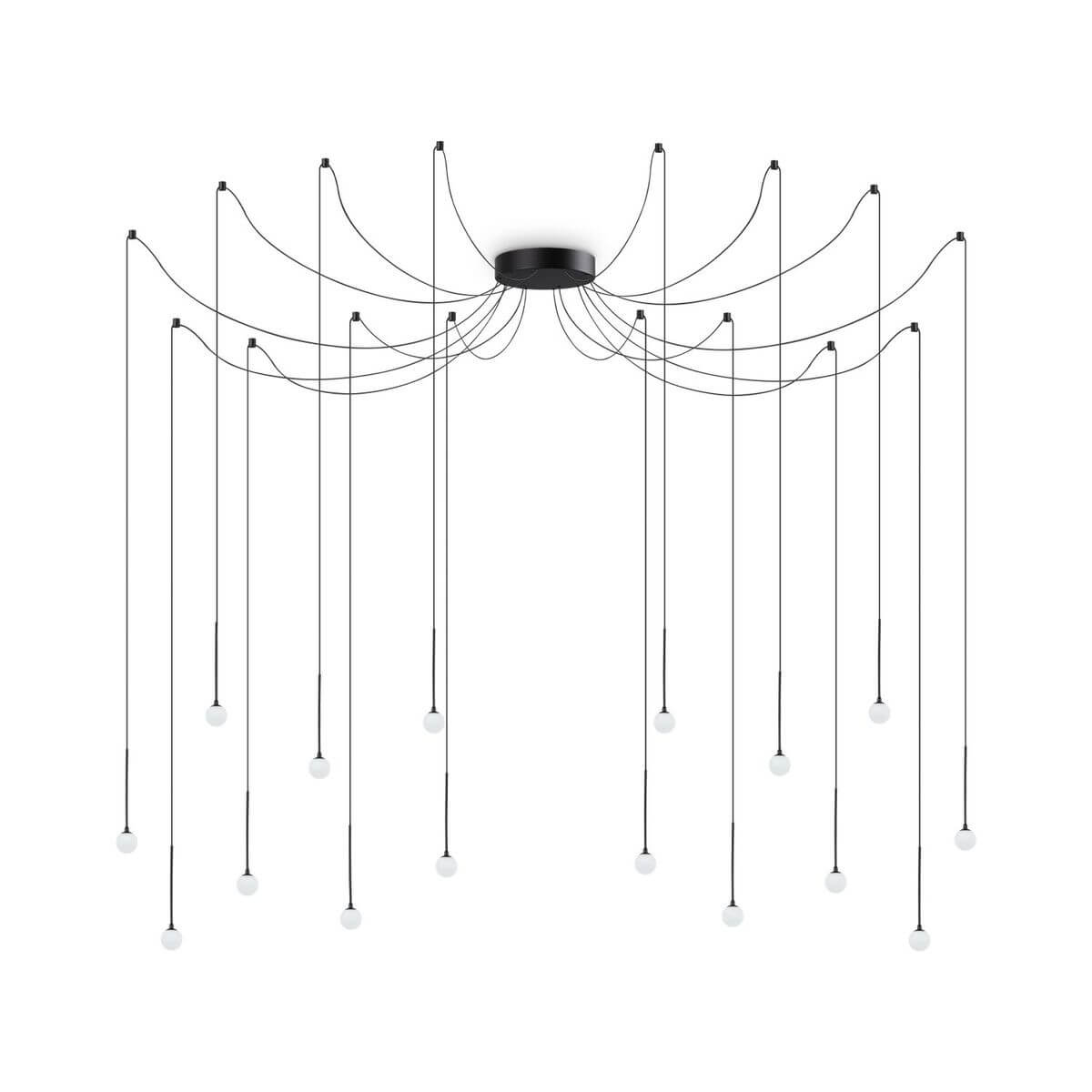 Suspension noire à nombreux câbles et petites sphères en verre, vue de face.