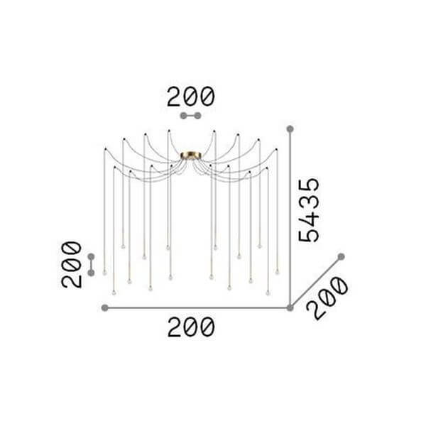Schéma de dimensions du luminaire avec largeur et hauteur, fond blanc.