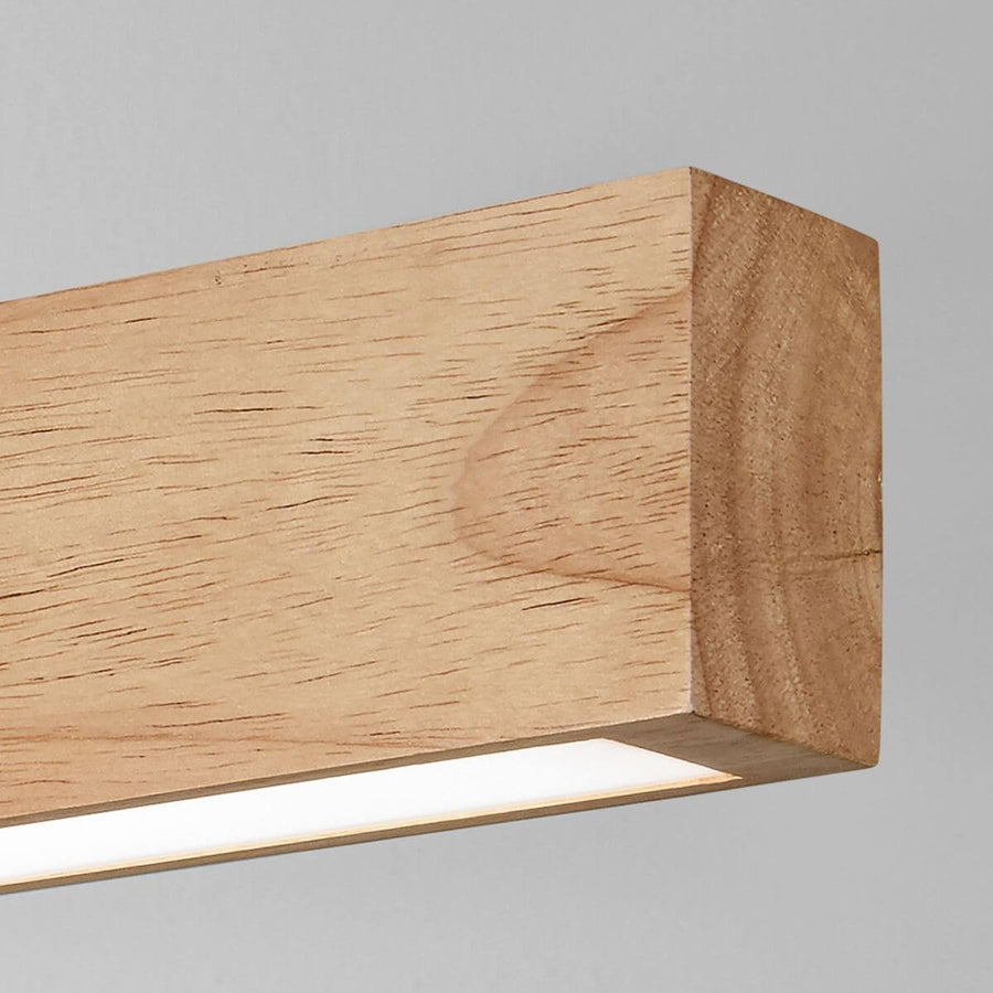 Détail rapproché du veinage du bois et du diffuseur lumineux blanc
