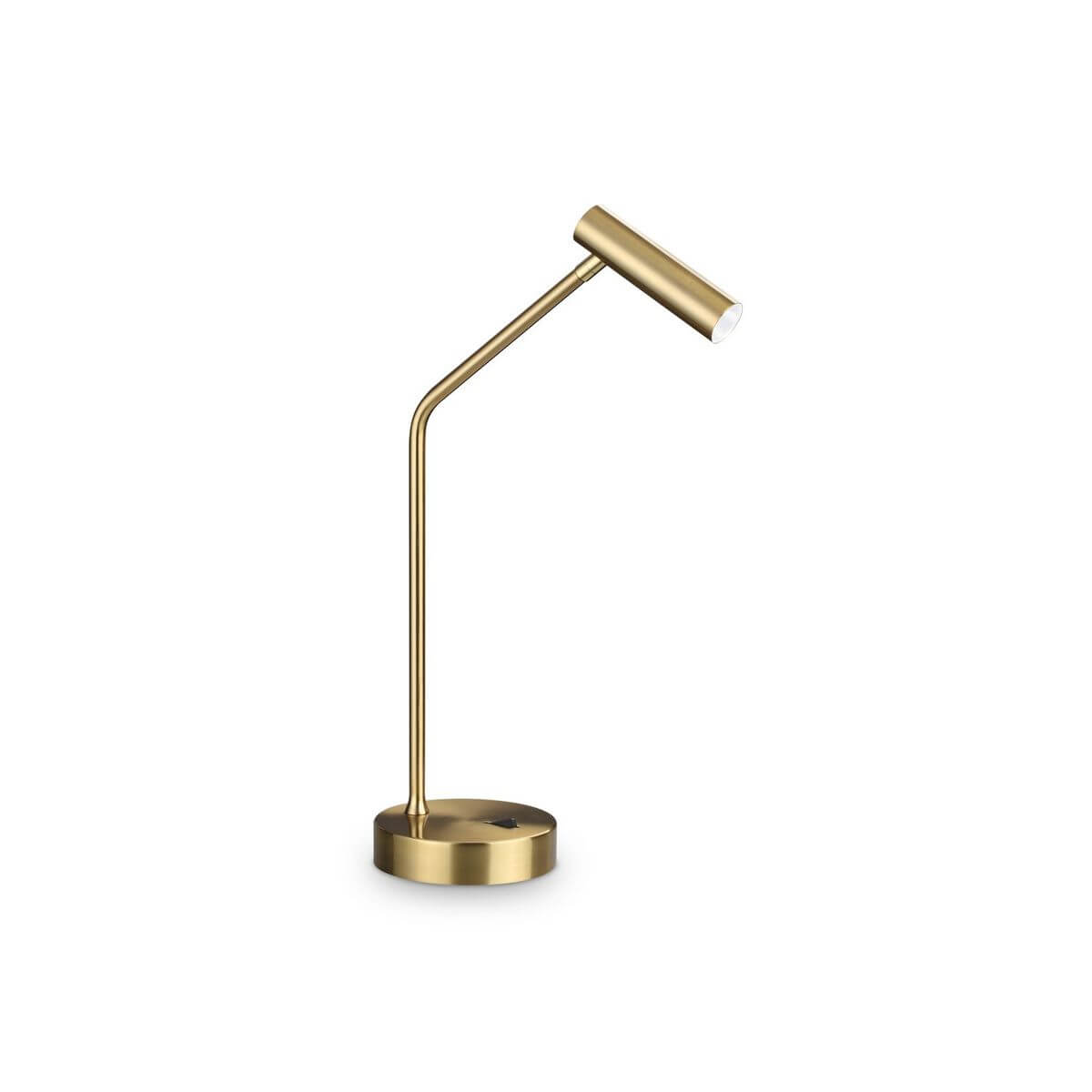 Lampe à poser en laiton avec tête cylindrique orientable et socle rond.