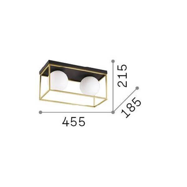 Schéma coté du plafonnier : longueur 455 mm, profondeur 185 mm et hauteur 215 mm