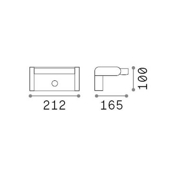 Schéma coté montrant l'applique de face et de profil, largeur 212 et profondeur 165 mm