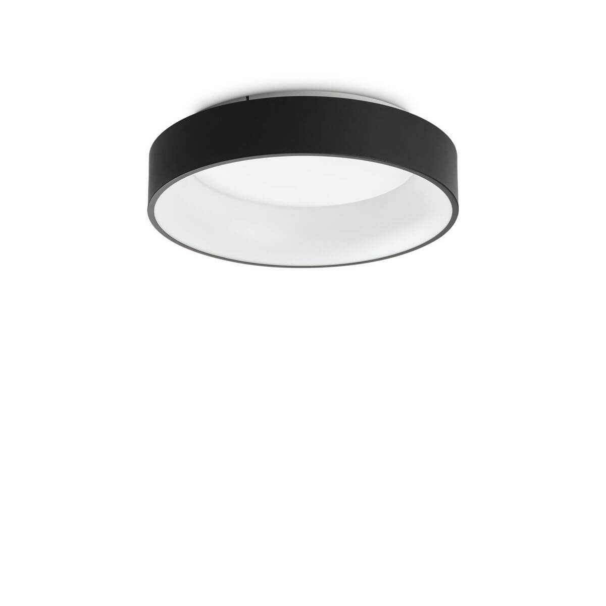 Plafonnier rond noir vu de face, montrant le diffuseur blanc et la couronne métallique