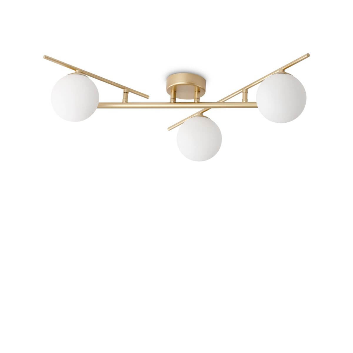 Plafonnier doré à trois globes de verre blanc opalin, vu de face sur fond blanc