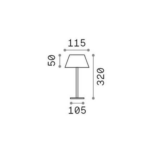 Schéma coté de la lampe : hauteur 320 mm, diamètre abat-jour 115 mm, base 105 mm