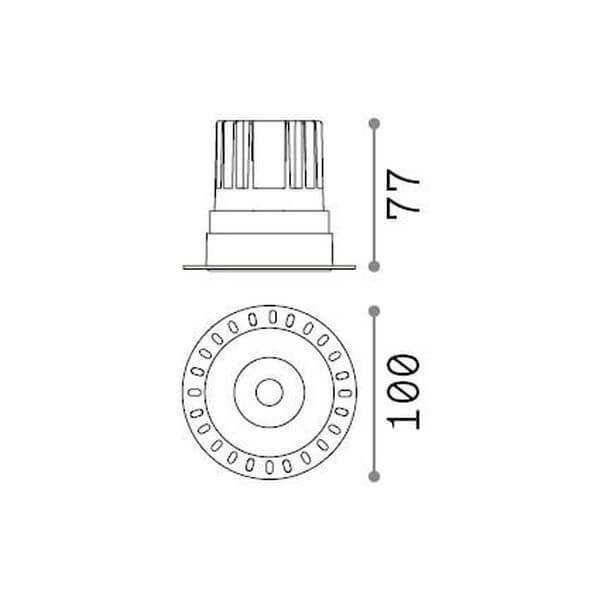 Schéma de dimensions du spot : hauteur 77 mm et diamètre 100 mm