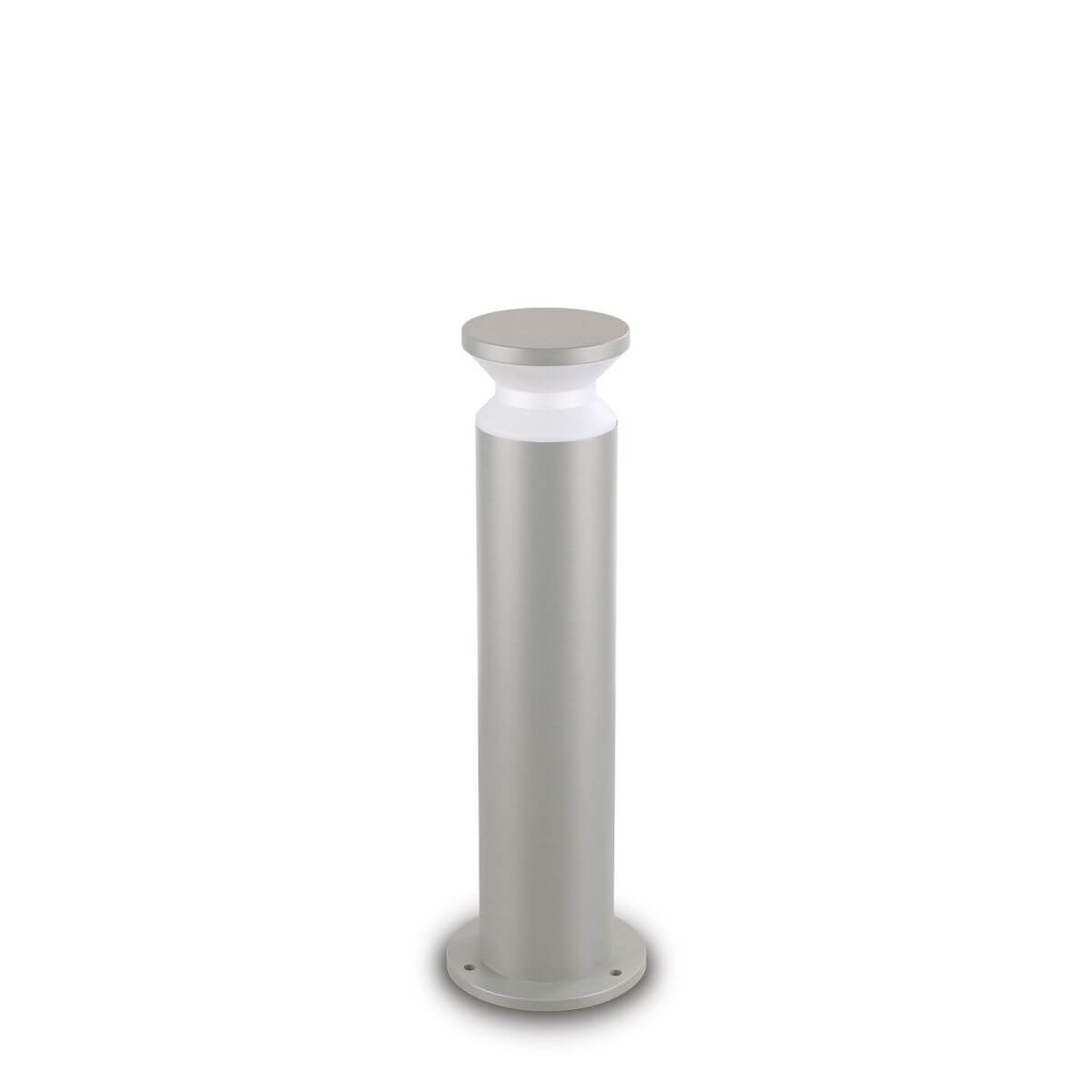 Lampadaire extérieur gris cylindrique avec diffuseur blanc, vu de face sur fond blanc