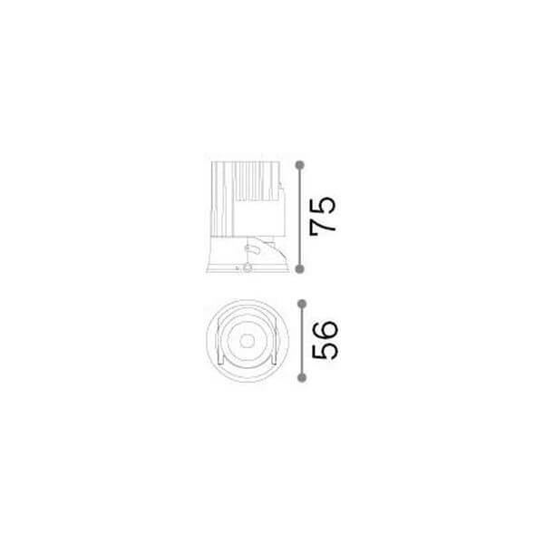 Schéma technique coté du spot : hauteur 75 mm et diamètre 56 mm