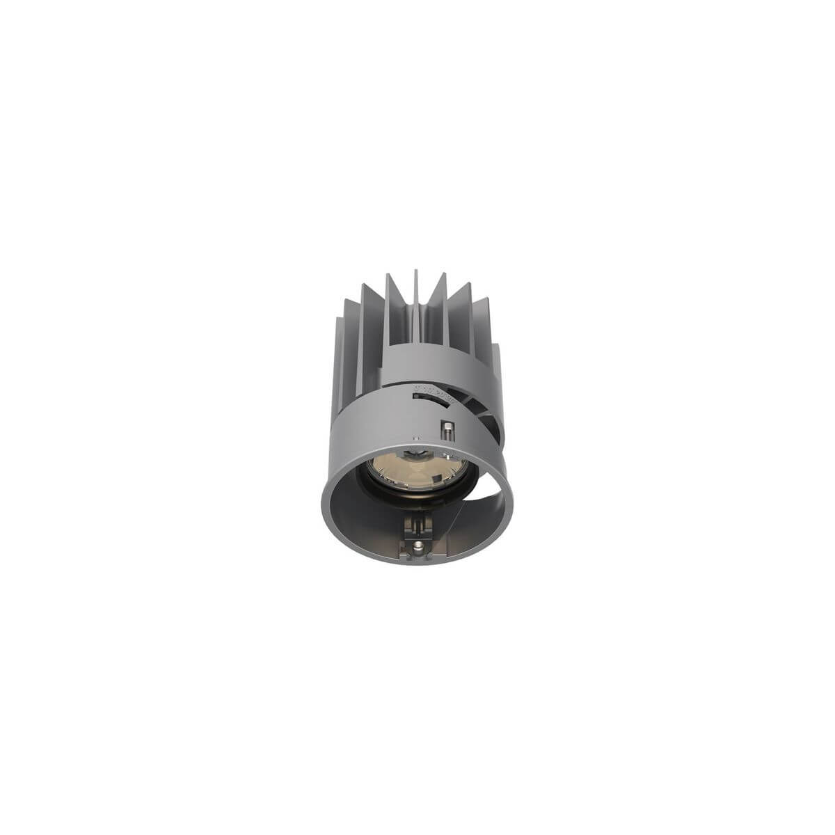 Spot encastrable gris de face, ailettes de refroidissement visibles et collerette cylindrique.