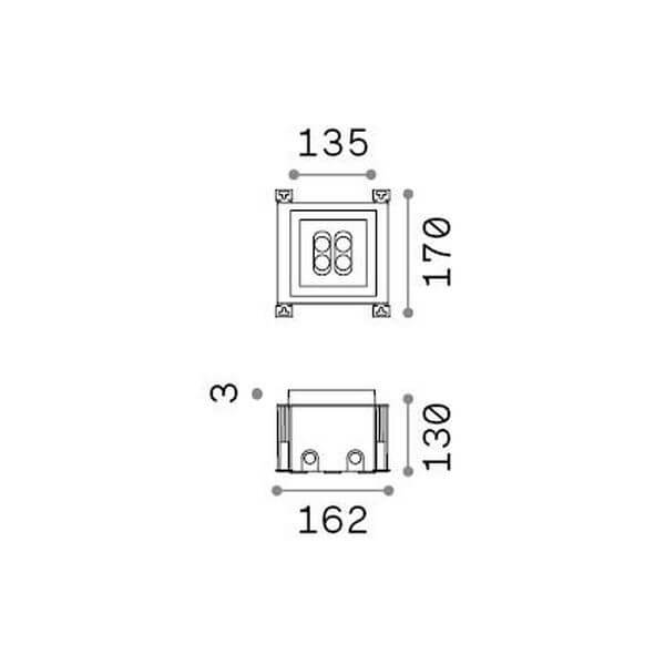 Plan technique coté du luminaire montrant largeur, hauteur et profondeur en millimètres.
